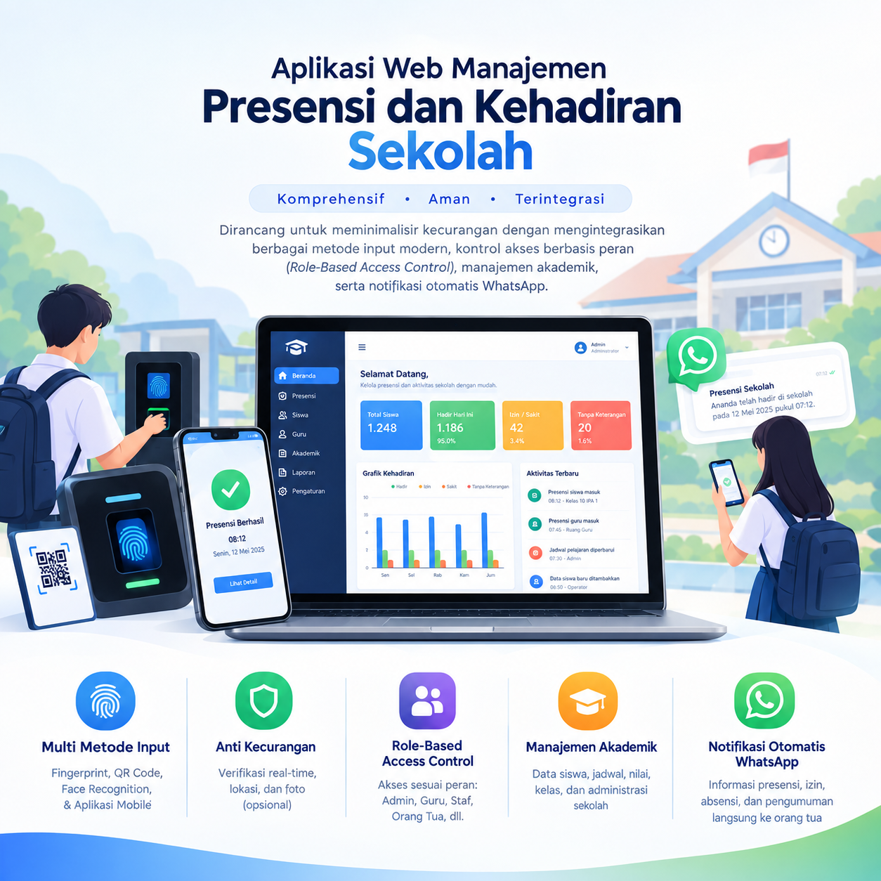 Aplikasi Absensi Sekolah Multi-Metode (GPS, RFID, QR, Barcode) + WhatsApp API